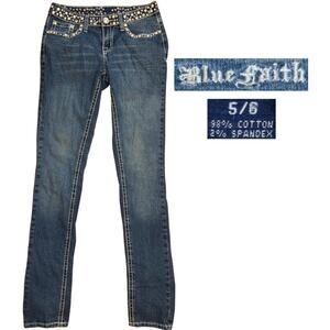 Blue Faith Rhinestone Studded Skinny Jeans Low Rise Medium Wash Size 5 / 6